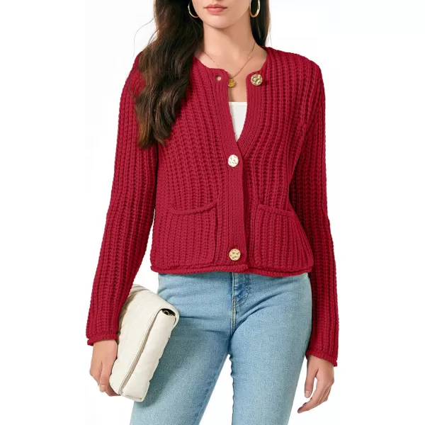 imageSaodimallsu Womens Button Up Sweaters Fall Chunky Knit Trendy Crewneck Open Front Loose Cardigan with PocketsRed