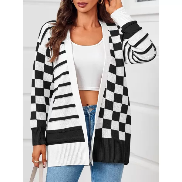 imageSaodimallsu Womens Checkered Cardigan Sweaters Striped Oversized Open Front Knit Long Sleeve Sweater Coats with PocketsBlack