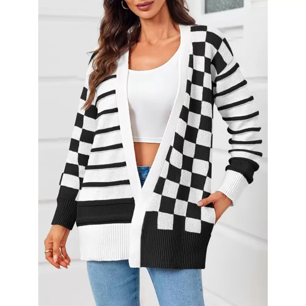 imageSaodimallsu Womens Checkered Cardigan Sweaters Striped Oversized Open Front Knit Long Sleeve Sweater Coats with PocketsBlack