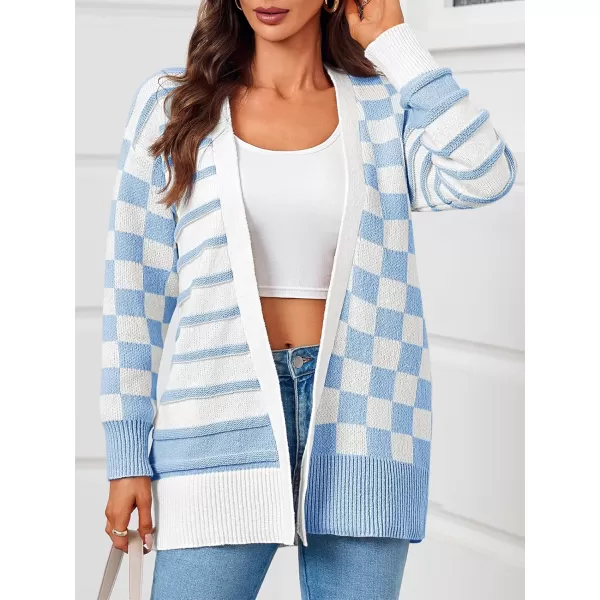 imageSaodimallsu Womens Checkered Cardigan Sweaters Striped Oversized Open Front Knit Long Sleeve Sweater Coats with PocketsBlue