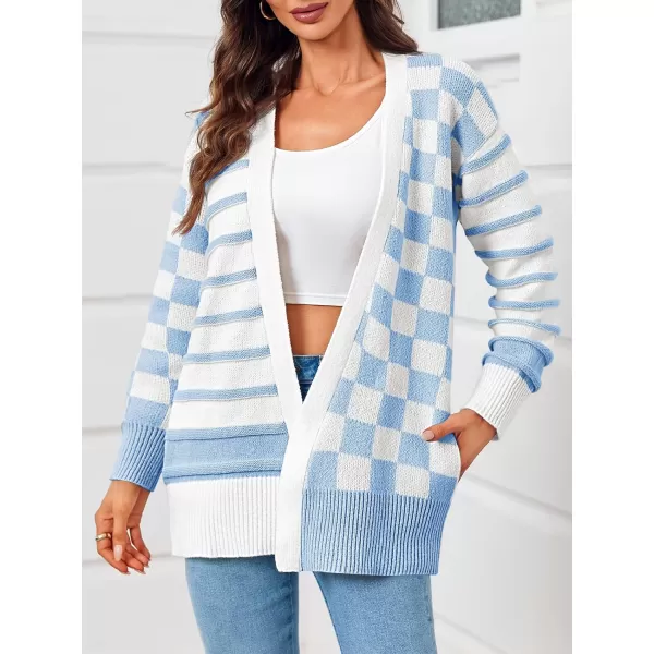 imageSaodimallsu Womens Checkered Cardigan Sweaters Striped Oversized Open Front Knit Long Sleeve Sweater Coats with PocketsBlue