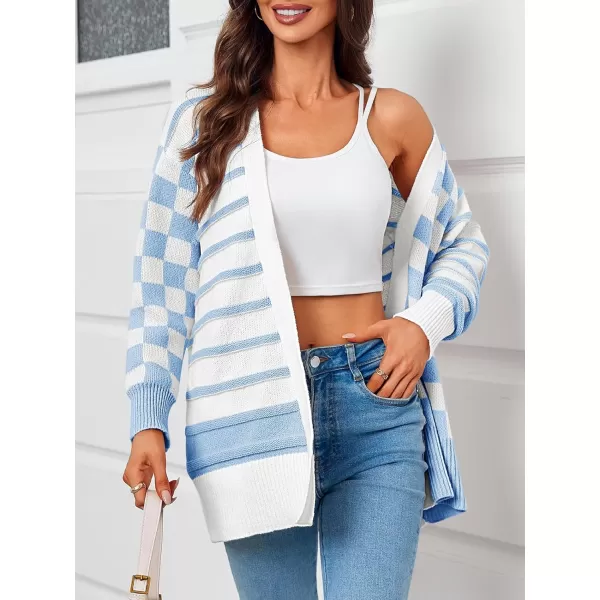 imageSaodimallsu Womens Checkered Cardigan Sweaters Striped Oversized Open Front Knit Long Sleeve Sweater Coats with PocketsBlue