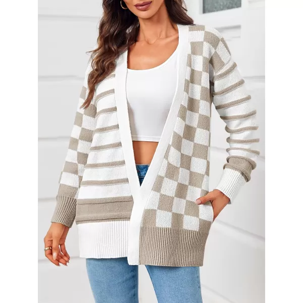 imageSaodimallsu Womens Checkered Cardigan Sweaters Striped Oversized Open Front Knit Long Sleeve Sweater Coats with PocketsKhaki