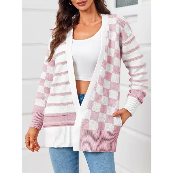 imageSaodimallsu Womens Checkered Cardigan Sweaters Striped Oversized Open Front Knit Long Sleeve Sweater Coats with PocketsPink