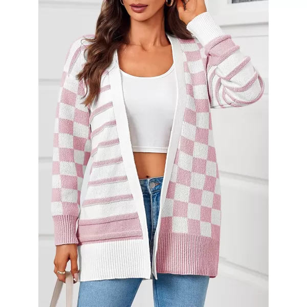 imageSaodimallsu Womens Checkered Cardigan Sweaters Striped Oversized Open Front Knit Long Sleeve Sweater Coats with PocketsPink