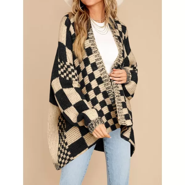 imageSaodimallsu Womens Checkered Sweater Color Block Plaid Cardigans Oversized Long Sleeve Knit Open Front CoatsApricot