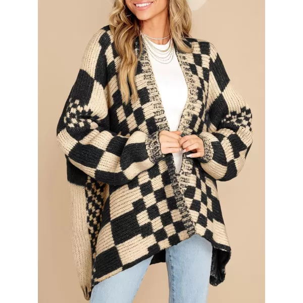 imageSaodimallsu Womens Checkered Sweater Color Block Plaid Cardigans Oversized Long Sleeve Knit Open Front CoatsApricot