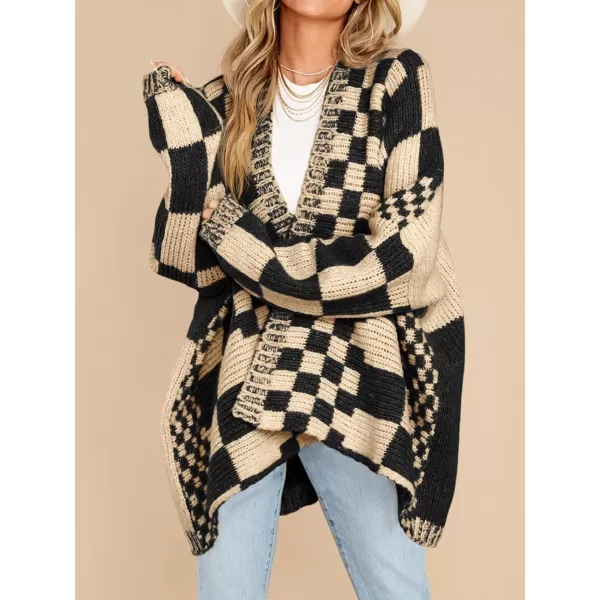 imageSaodimallsu Womens Checkered Sweater Color Block Plaid Cardigans Oversized Long Sleeve Knit Open Front CoatsApricot