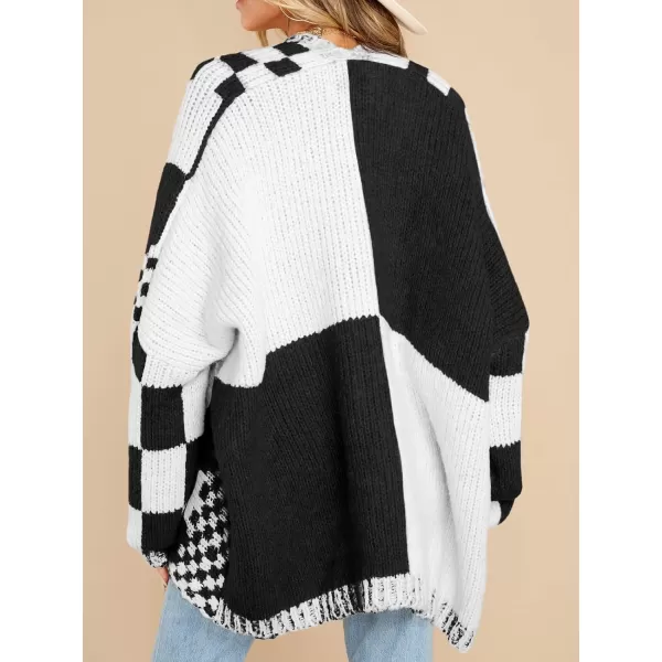 imageSaodimallsu Womens Checkered Sweater Color Block Plaid Cardigans Oversized Long Sleeve Knit Open Front CoatsBlackwhite