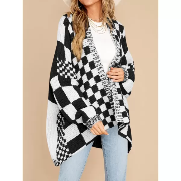 imageSaodimallsu Womens Checkered Sweater Color Block Plaid Cardigans Oversized Long Sleeve Knit Open Front CoatsBlackwhite