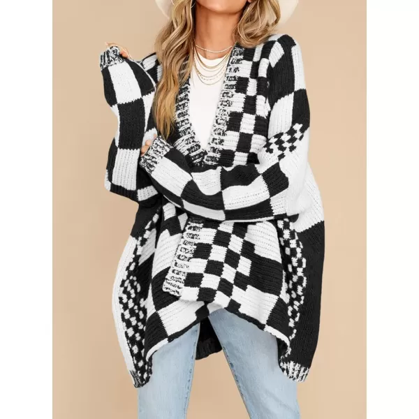 imageSaodimallsu Womens Checkered Sweater Color Block Plaid Cardigans Oversized Long Sleeve Knit Open Front CoatsBlackwhite