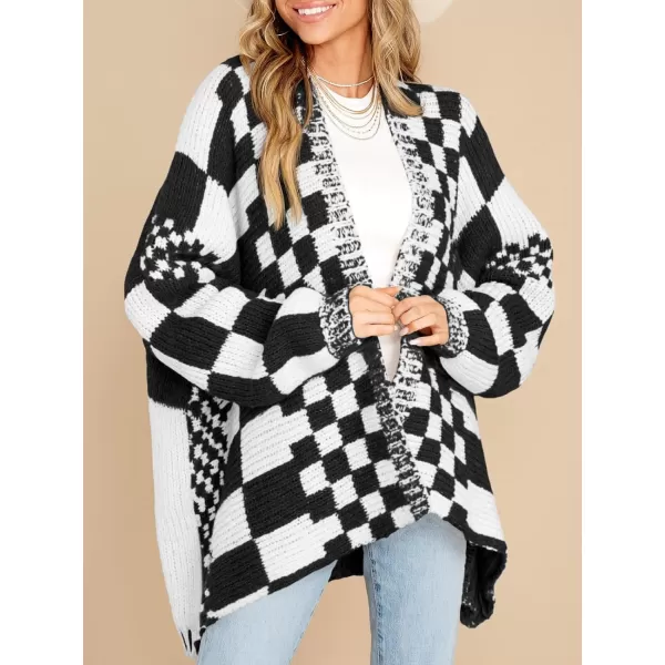 imageSaodimallsu Womens Checkered Sweater Color Block Plaid Cardigans Oversized Long Sleeve Knit Open Front CoatsBlackwhite