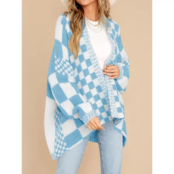 imageSaodimallsu Womens Checkered Sweater Color Block Plaid Cardigans Oversized Long Sleeve Knit Open Front CoatsBlue