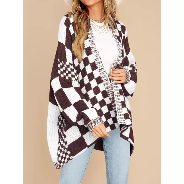 imageSaodimallsu Womens Checkered Sweater Color Block Plaid Cardigans Oversized Long Sleeve Knit Open Front CoatsBrown