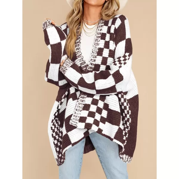 imageSaodimallsu Womens Checkered Sweater Color Block Plaid Cardigans Oversized Long Sleeve Knit Open Front CoatsBrown