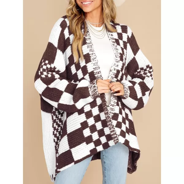 imageSaodimallsu Womens Checkered Sweater Color Block Plaid Cardigans Oversized Long Sleeve Knit Open Front CoatsBrown