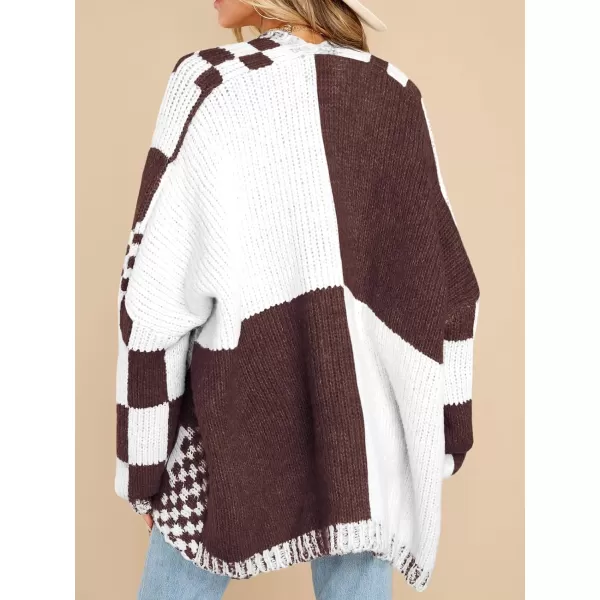 imageSaodimallsu Womens Checkered Sweater Color Block Plaid Cardigans Oversized Long Sleeve Knit Open Front CoatsBrown