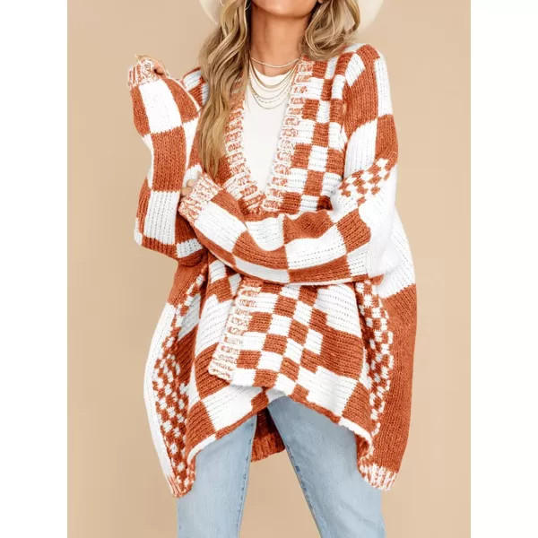 imageSaodimallsu Womens Checkered Sweater Color Block Plaid Cardigans Oversized Long Sleeve Knit Open Front CoatsCaramel