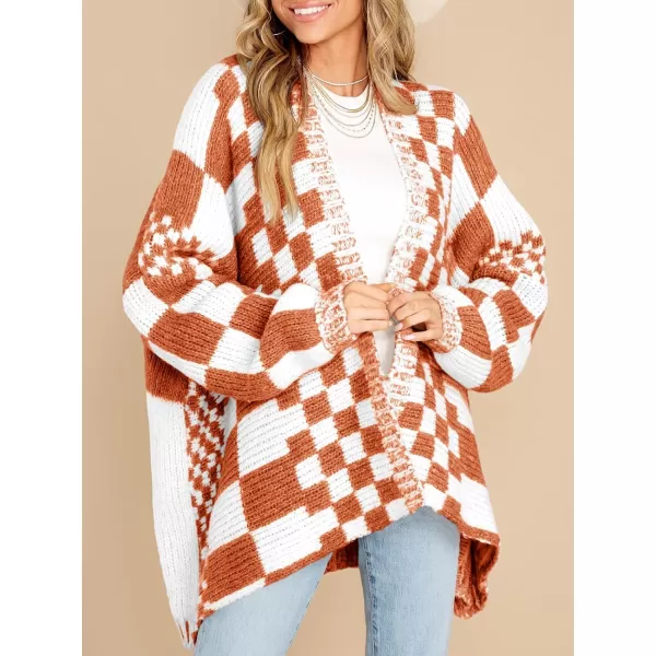 imageSaodimallsu Womens Checkered Sweater Color Block Plaid Cardigans Oversized Long Sleeve Knit Open Front CoatsCaramel