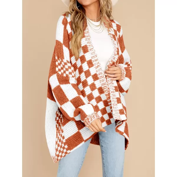 imageSaodimallsu Womens Checkered Sweater Color Block Plaid Cardigans Oversized Long Sleeve Knit Open Front CoatsCaramel