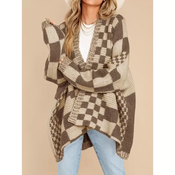 imageSaodimallsu Womens Checkered Sweater Color Block Plaid Cardigans Oversized Long Sleeve Knit Open Front CoatsDark Khaki