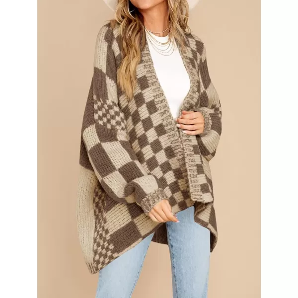 imageSaodimallsu Womens Checkered Sweater Color Block Plaid Cardigans Oversized Long Sleeve Knit Open Front CoatsDark Khaki