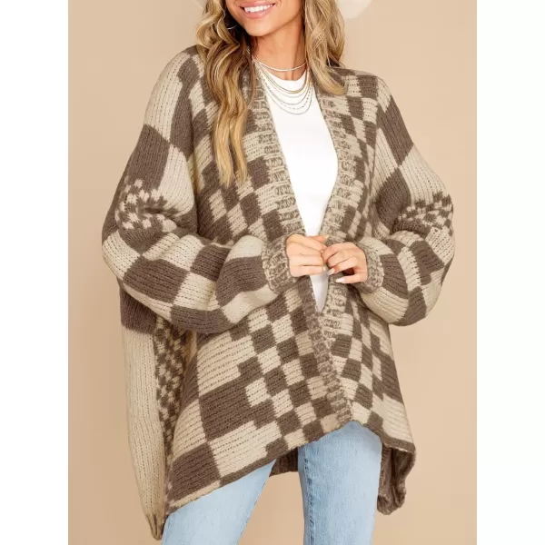 imageSaodimallsu Womens Checkered Sweater Color Block Plaid Cardigans Oversized Long Sleeve Knit Open Front CoatsDark Khaki