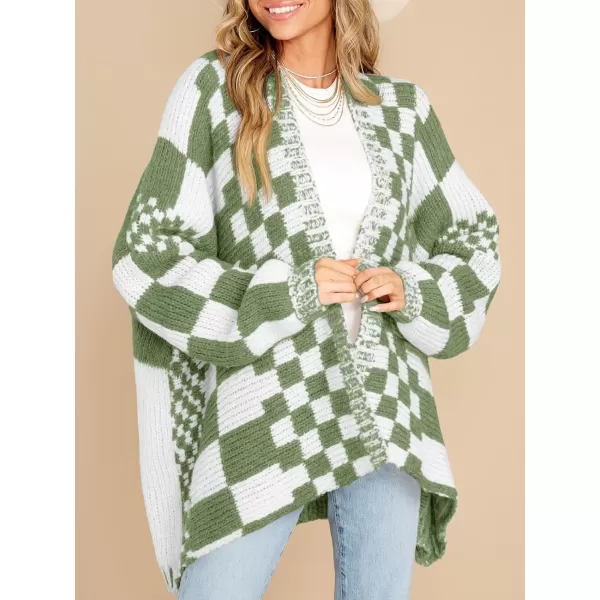 imageSaodimallsu Womens Checkered Sweater Color Block Plaid Cardigans Oversized Long Sleeve Knit Open Front CoatsGreen