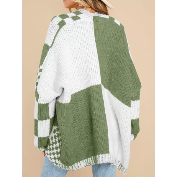 imageSaodimallsu Womens Checkered Sweater Color Block Plaid Cardigans Oversized Long Sleeve Knit Open Front CoatsGreen