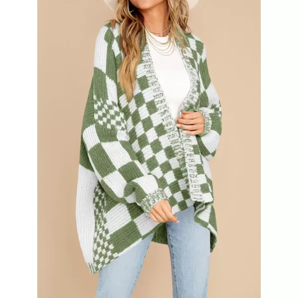 imageSaodimallsu Womens Checkered Sweater Color Block Plaid Cardigans Oversized Long Sleeve Knit Open Front CoatsGreen