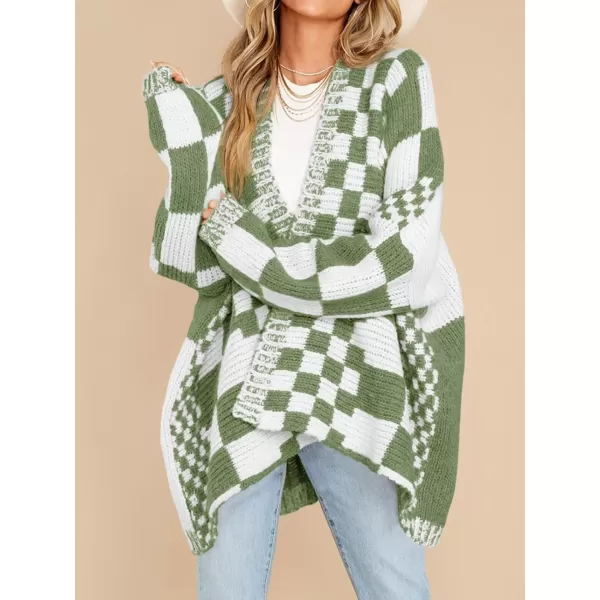 imageSaodimallsu Womens Checkered Sweater Color Block Plaid Cardigans Oversized Long Sleeve Knit Open Front CoatsGreen