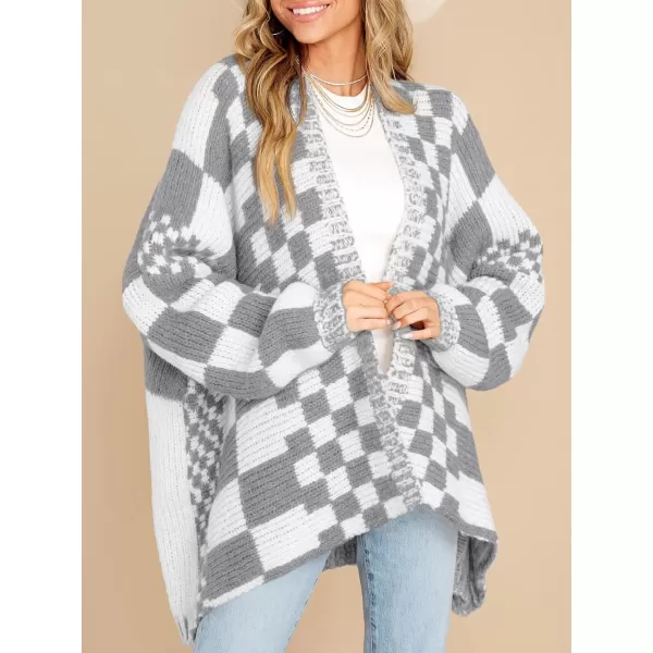 imageSaodimallsu Womens Checkered Sweater Color Block Plaid Cardigans Oversized Long Sleeve Knit Open Front CoatsGrey