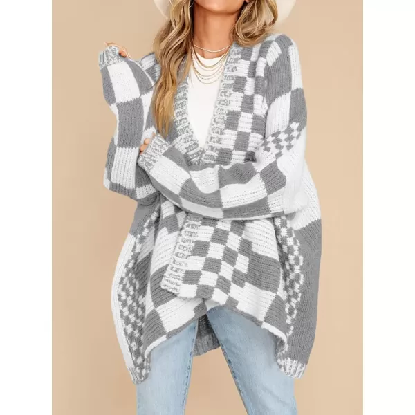 imageSaodimallsu Womens Checkered Sweater Color Block Plaid Cardigans Oversized Long Sleeve Knit Open Front CoatsGrey