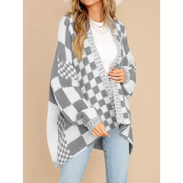 imageSaodimallsu Womens Checkered Sweater Color Block Plaid Cardigans Oversized Long Sleeve Knit Open Front CoatsGrey