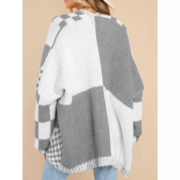 imageSaodimallsu Womens Checkered Sweater Color Block Plaid Cardigans Oversized Long Sleeve Knit Open Front CoatsGrey