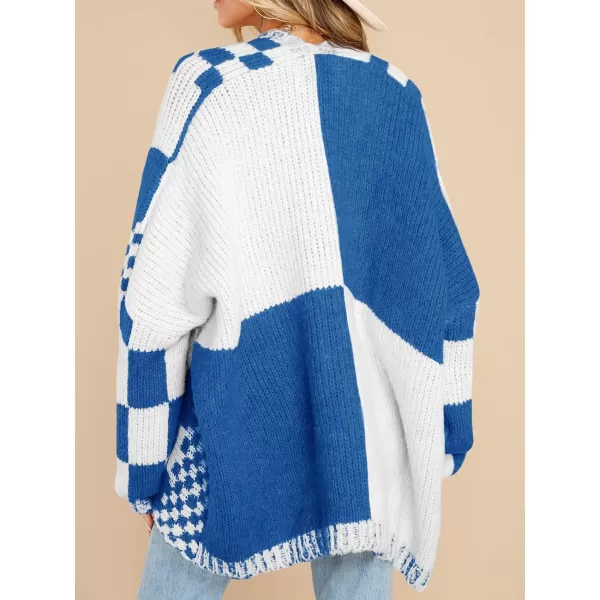 imageSaodimallsu Womens Checkered Sweater Color Block Plaid Cardigans Oversized Long Sleeve Knit Open Front CoatsNavy Blue