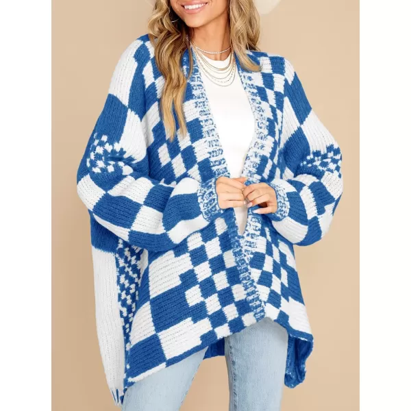 imageSaodimallsu Womens Checkered Sweater Color Block Plaid Cardigans Oversized Long Sleeve Knit Open Front CoatsNavy Blue