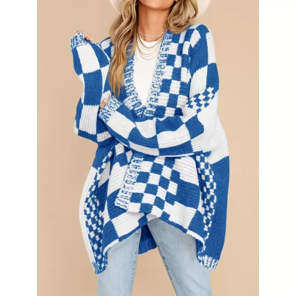 imageSaodimallsu Womens Checkered Sweater Color Block Plaid Cardigans Oversized Long Sleeve Knit Open Front CoatsNavy Blue