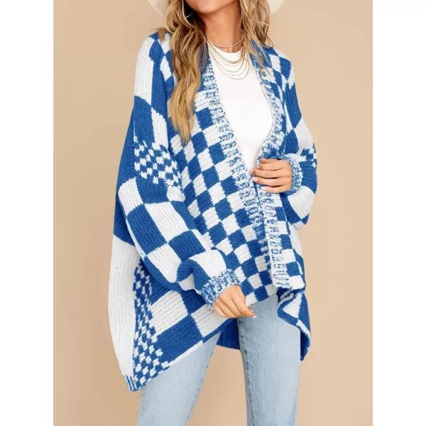 imageSaodimallsu Womens Checkered Sweater Color Block Plaid Cardigans Oversized Long Sleeve Knit Open Front CoatsNavy Blue