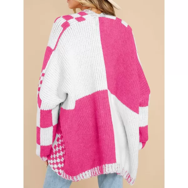 imageSaodimallsu Womens Checkered Sweater Color Block Plaid Cardigans Oversized Long Sleeve Knit Open Front CoatsPink