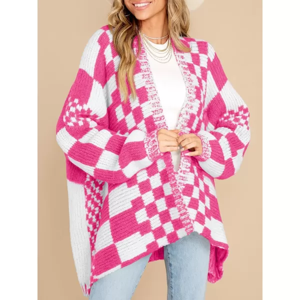 imageSaodimallsu Womens Checkered Sweater Color Block Plaid Cardigans Oversized Long Sleeve Knit Open Front CoatsPink