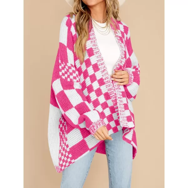 imageSaodimallsu Womens Checkered Sweater Color Block Plaid Cardigans Oversized Long Sleeve Knit Open Front CoatsPink