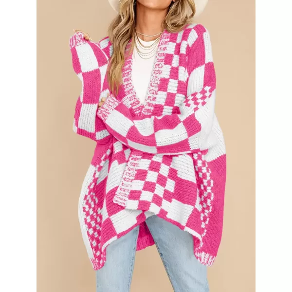 imageSaodimallsu Womens Checkered Sweater Color Block Plaid Cardigans Oversized Long Sleeve Knit Open Front CoatsPink