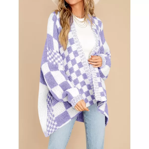 imageSaodimallsu Womens Checkered Sweater Color Block Plaid Cardigans Oversized Long Sleeve Knit Open Front CoatsPurple