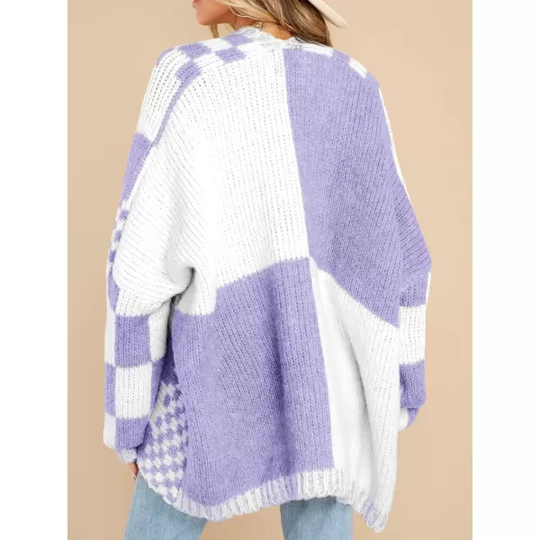 imageSaodimallsu Womens Checkered Sweater Color Block Plaid Cardigans Oversized Long Sleeve Knit Open Front CoatsPurple