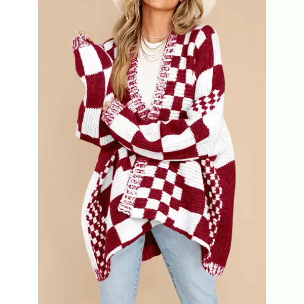 imageSaodimallsu Womens Checkered Sweater Color Block Plaid Cardigans Oversized Long Sleeve Knit Open Front CoatsRed