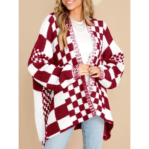 imageSaodimallsu Womens Checkered Sweater Color Block Plaid Cardigans Oversized Long Sleeve Knit Open Front CoatsRed