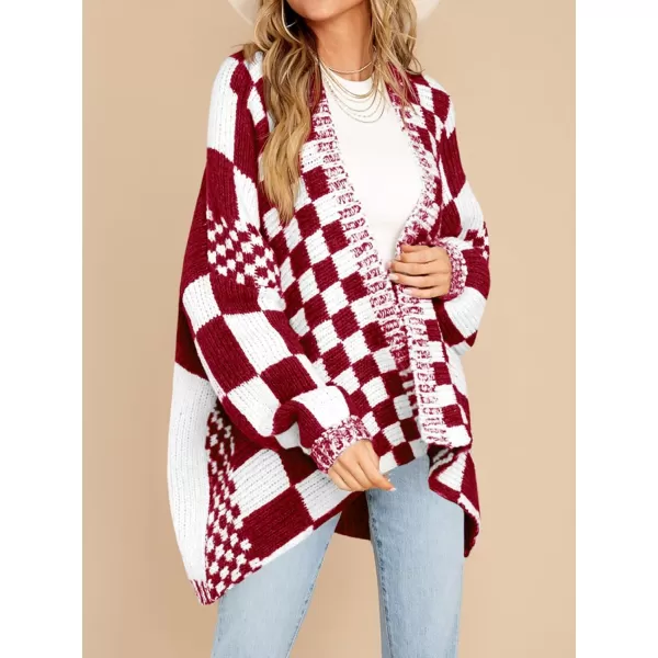 imageSaodimallsu Womens Checkered Sweater Color Block Plaid Cardigans Oversized Long Sleeve Knit Open Front CoatsRed