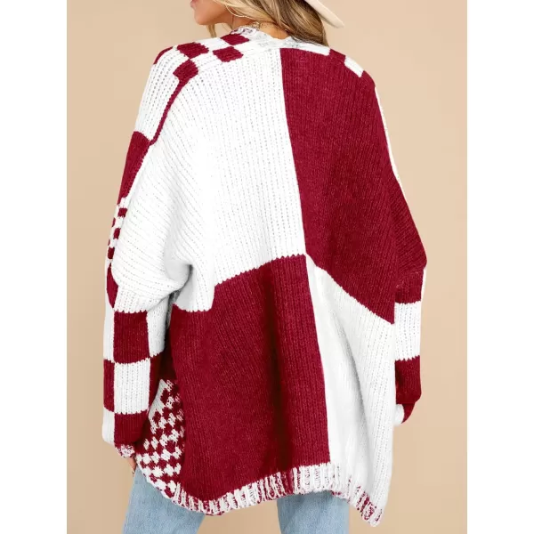 imageSaodimallsu Womens Checkered Sweater Color Block Plaid Cardigans Oversized Long Sleeve Knit Open Front CoatsRed