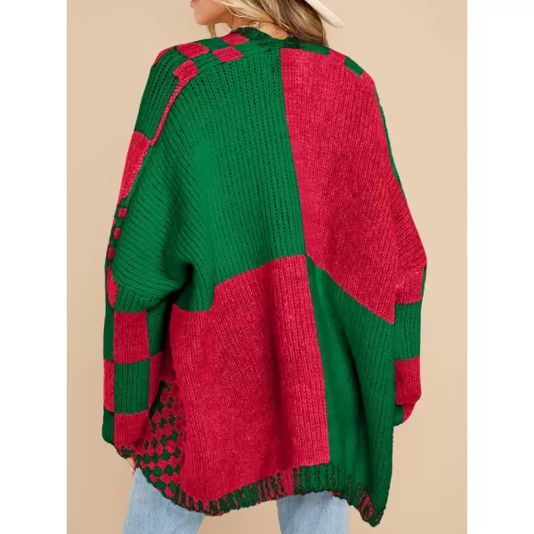 imageSaodimallsu Womens Checkered Sweater Color Block Plaid Cardigans Oversized Long Sleeve Knit Open Front CoatsRedgreen